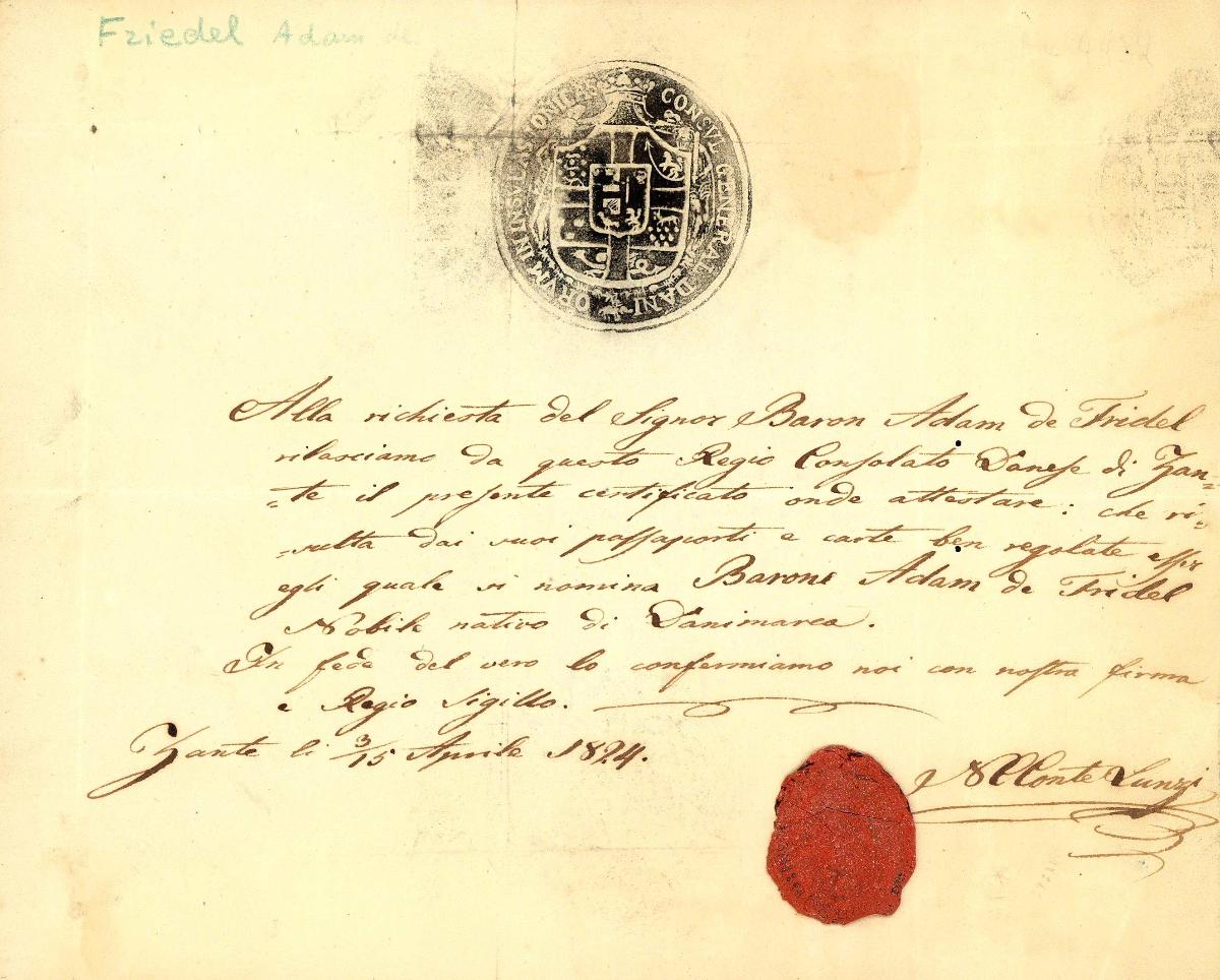 Certificate of Danish Consulate Zakynthos 15-4-1824.