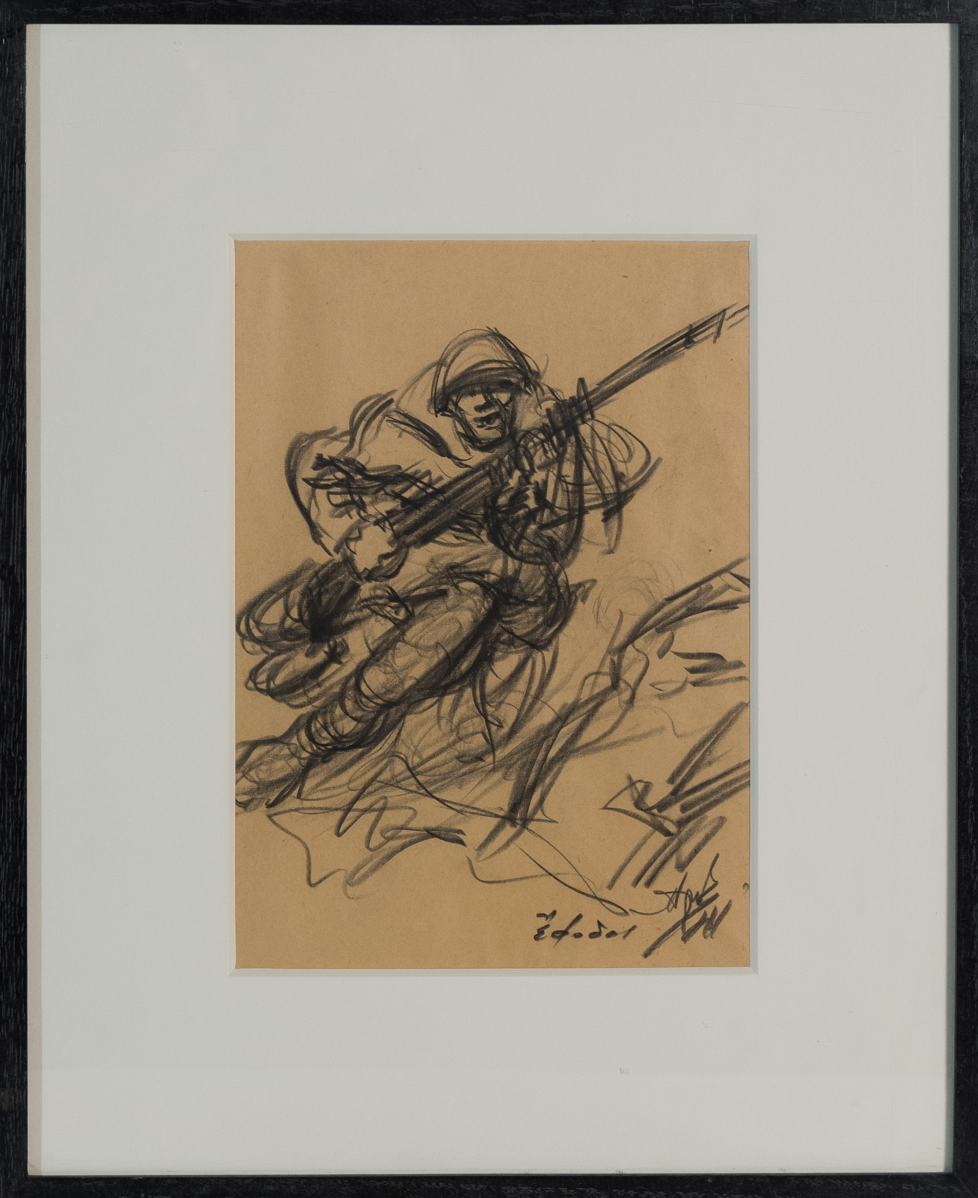 Attack (crayon), framed. Dimensions 27×20 cm.