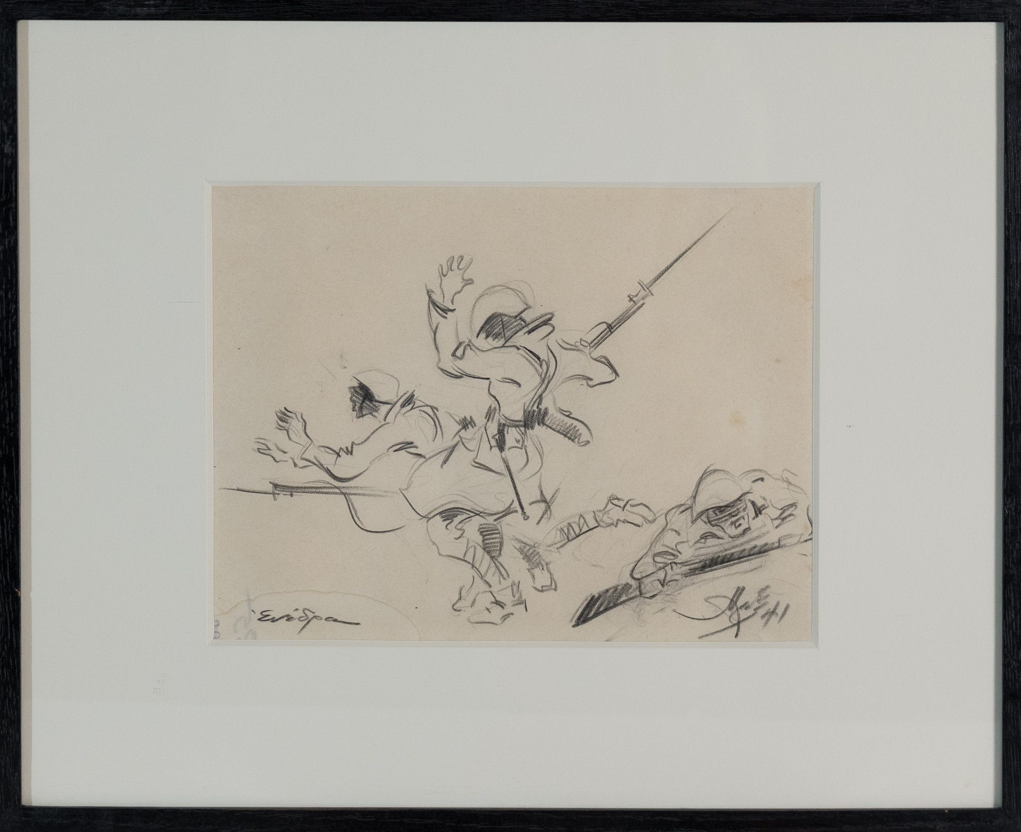 Ambush (crayon), framed. Dimensions 25.5×20 cm.