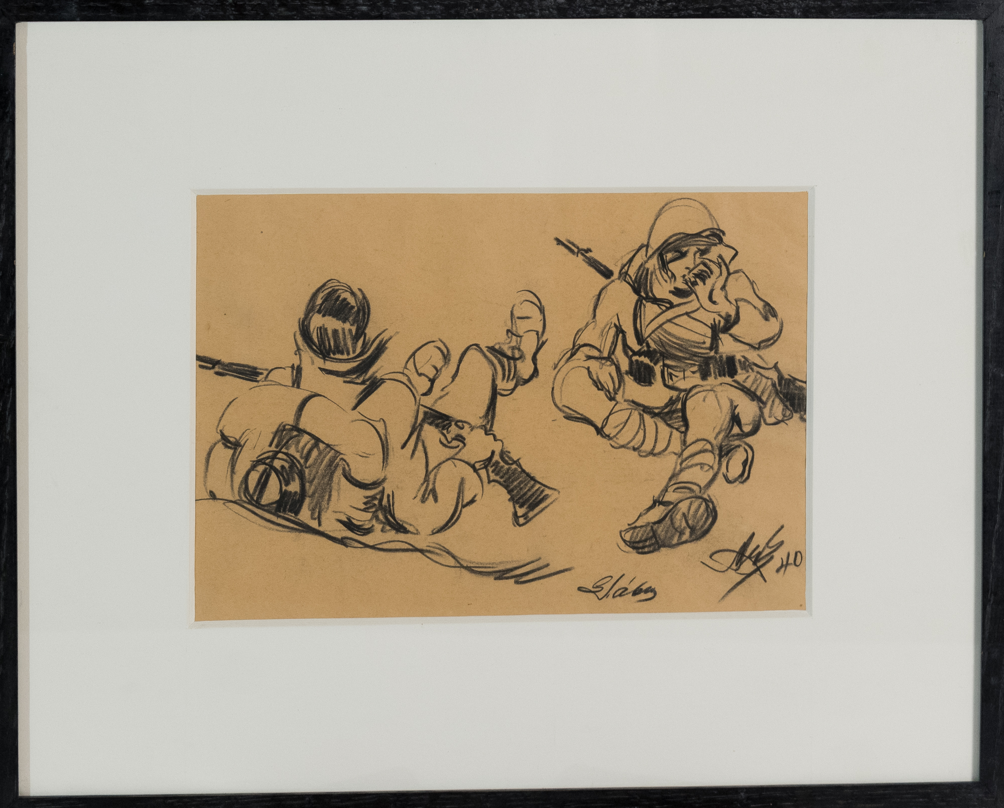 Animals and people for this purpose (charcoal), framed. Dim. 24.5×34 cm.