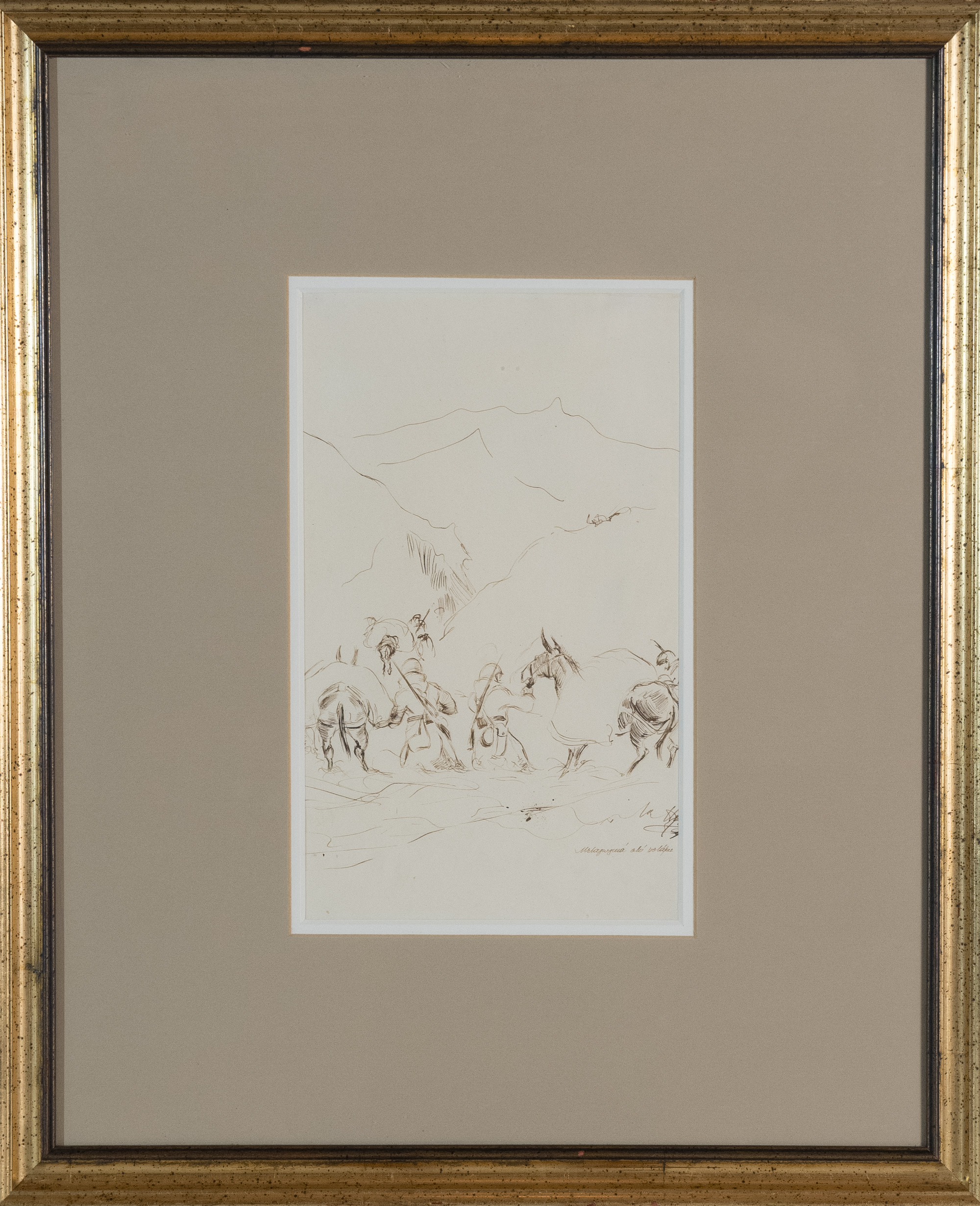 Carriers at the river (ink), with frame. Dimensions 35×25 cm.