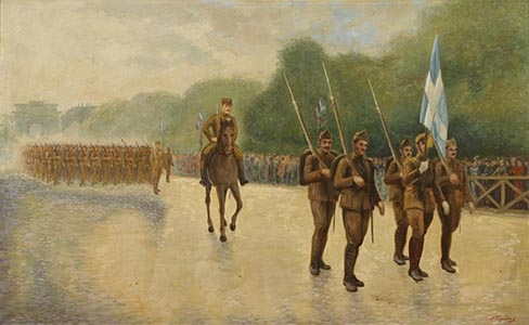 Parade of the Greek detachment in Paris after the end of WWI 1919. Lieutenant General Chr. A. Avramidis is depicted. Work of P. Tsimenis.